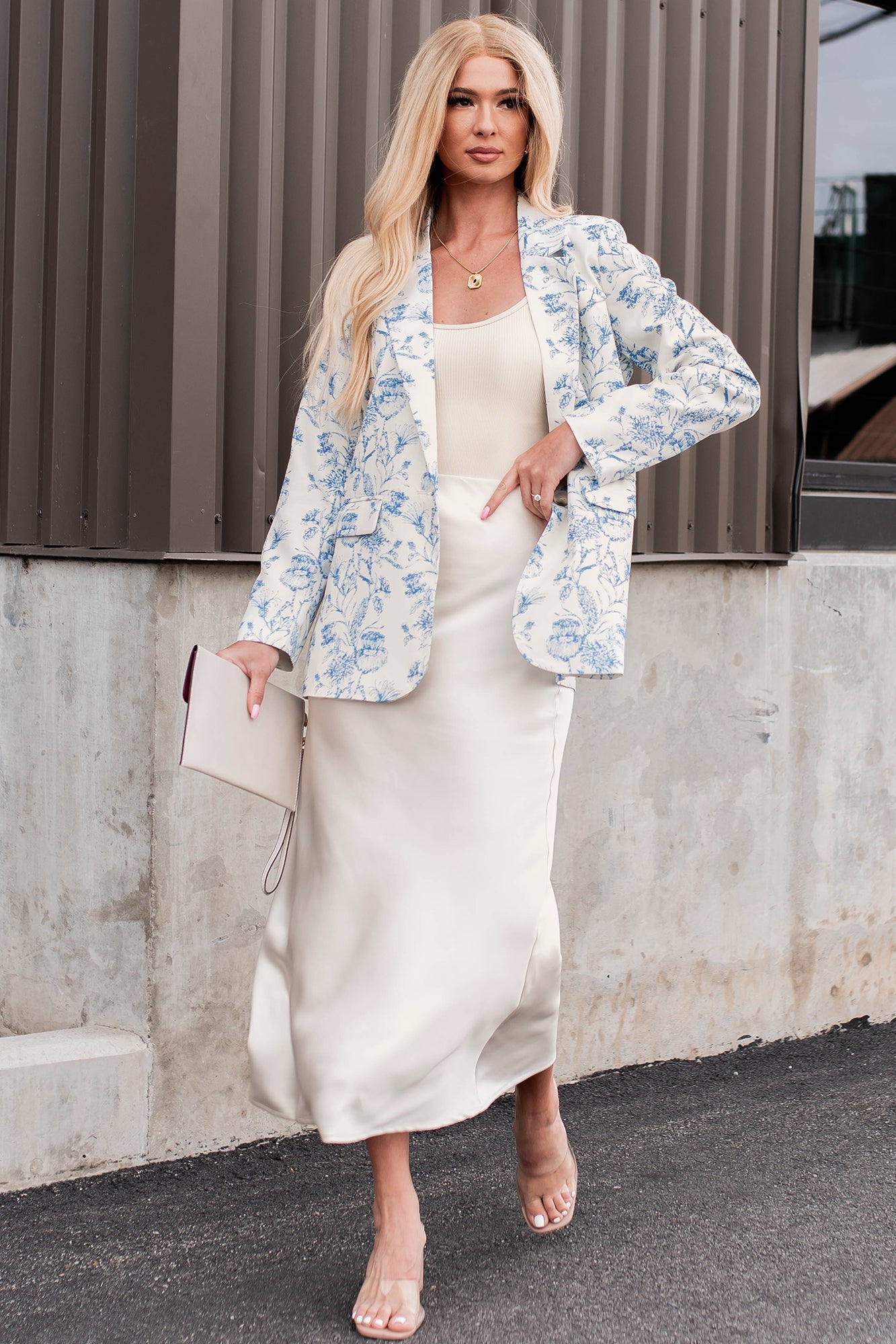 Polished Presentation Floral Blazer (Cream/Blue)