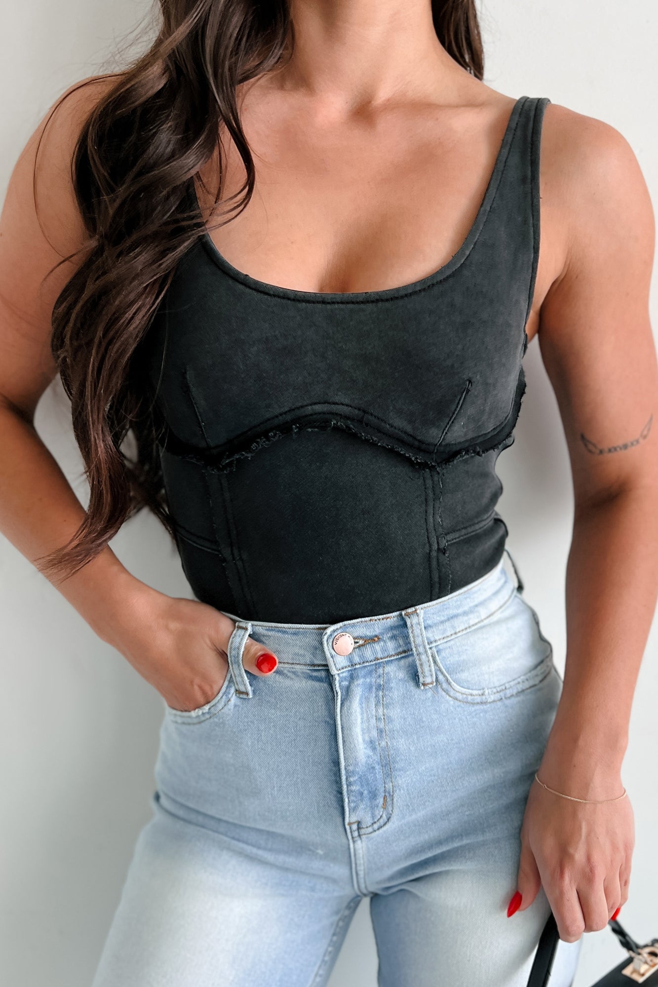 Rough Around The Edges Raw Edge Tank Bodysuit (Black)