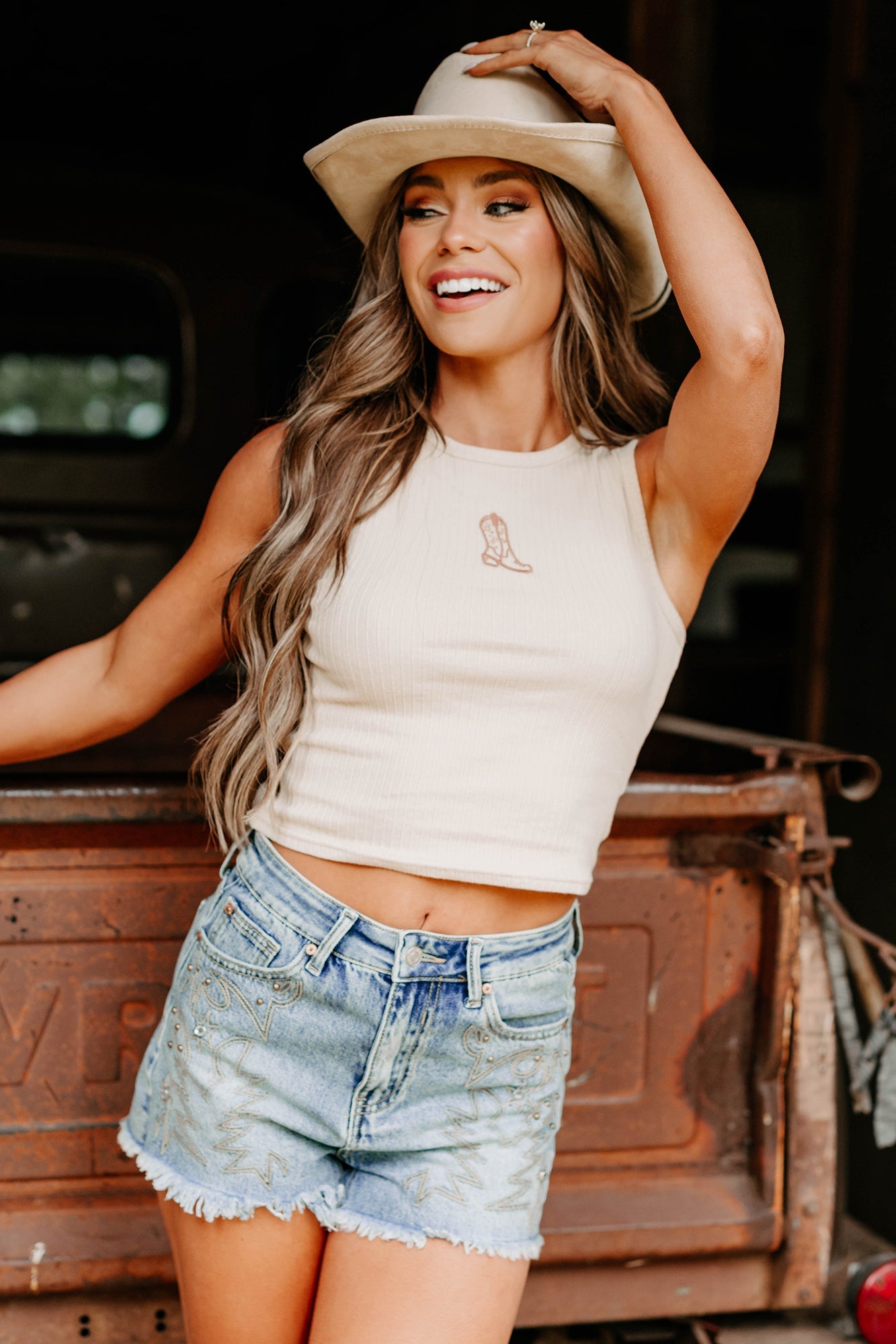 Somewhere Still Boot Embroidered Tank Top (Taupe)