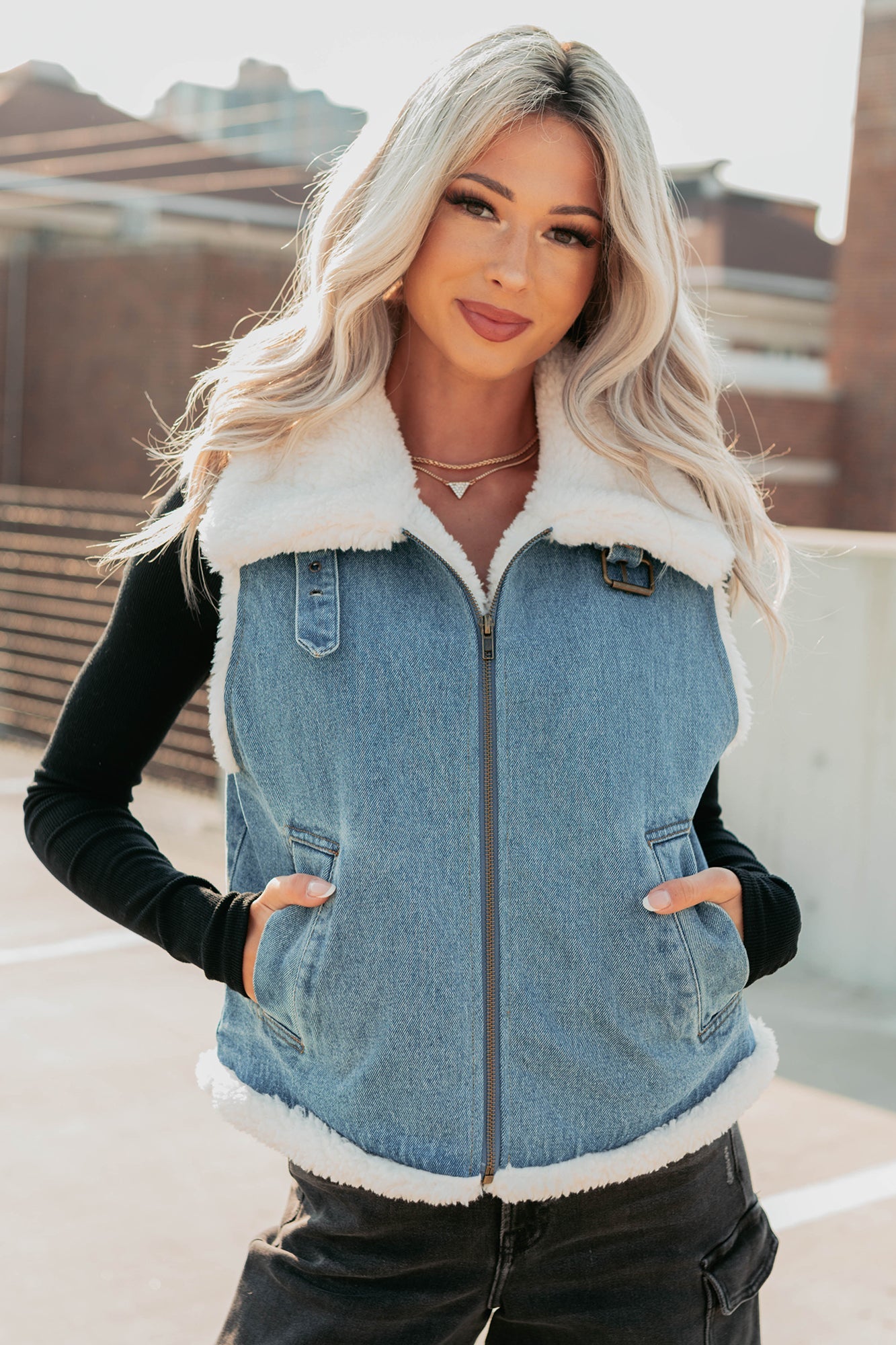 Rewriting Myself Sherpa Denim Vest (Medium Wash)