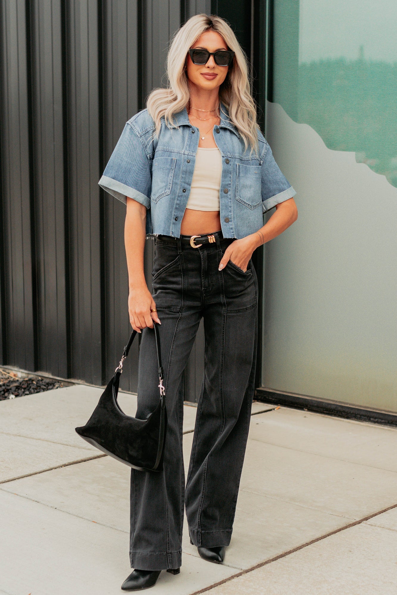 Out & About Short Sleeve Denim Crop Top (Medium)