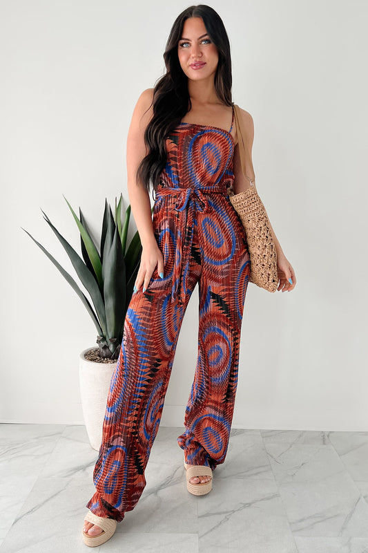 Turn Up The Volume Pleated Wide Leg Jumpsuit (Brick/Royal Blue)
