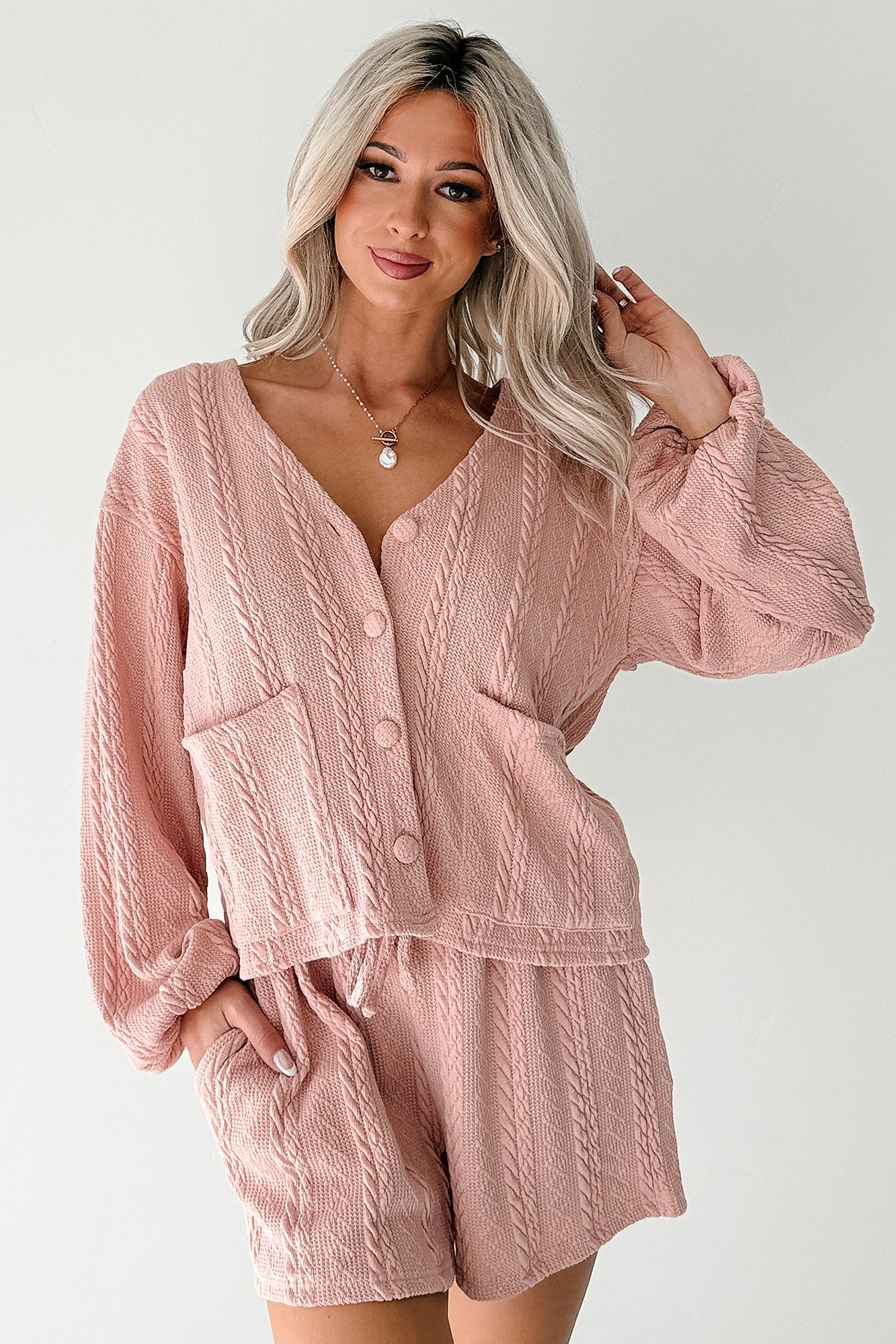 Sweet & Steady Cable Knit Cardigan Set (Dusty Pink)