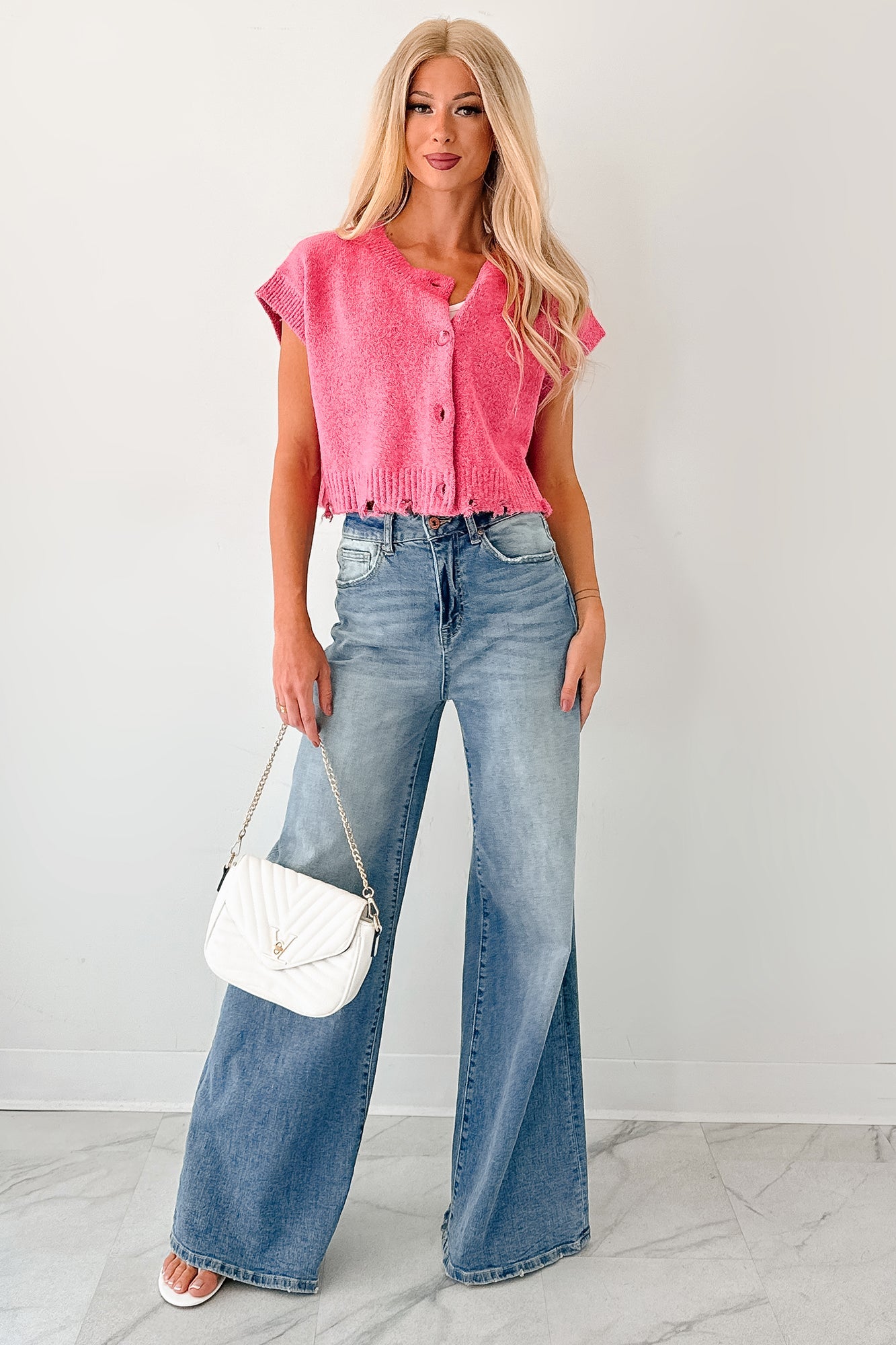 Undemanding Comfort Distressed Button-Up Sweater Vest (Pink)