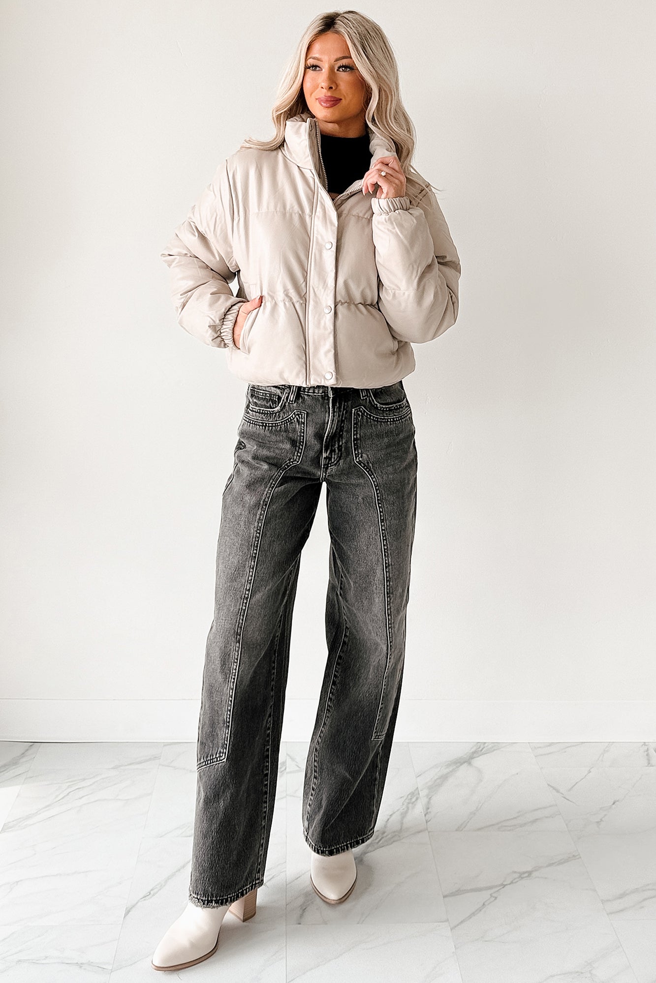 Shine Your Way Faux Leather Puffer Jacket (Taupe)