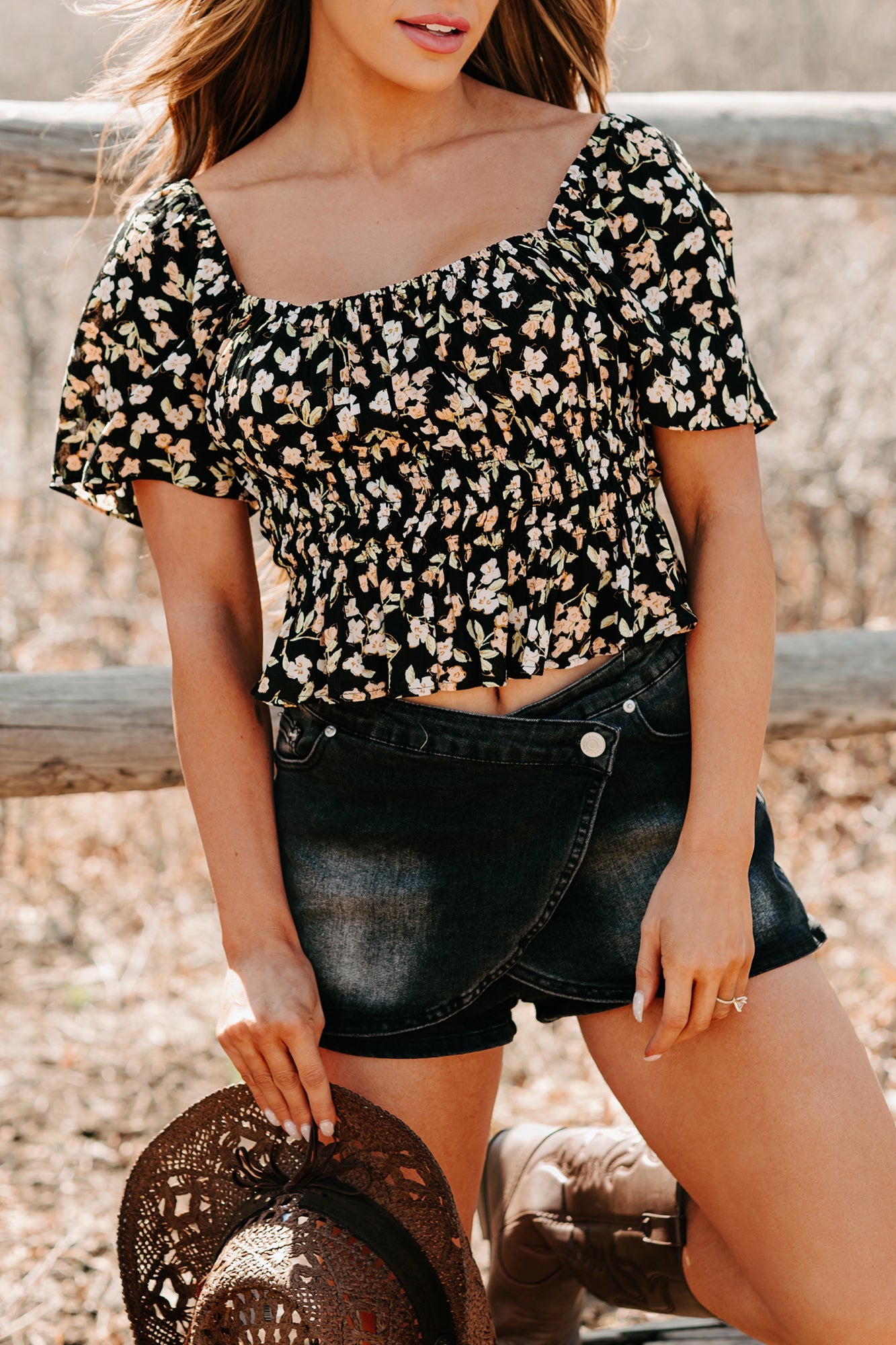 Whimsical Heart Smocked Floral Top (Black)