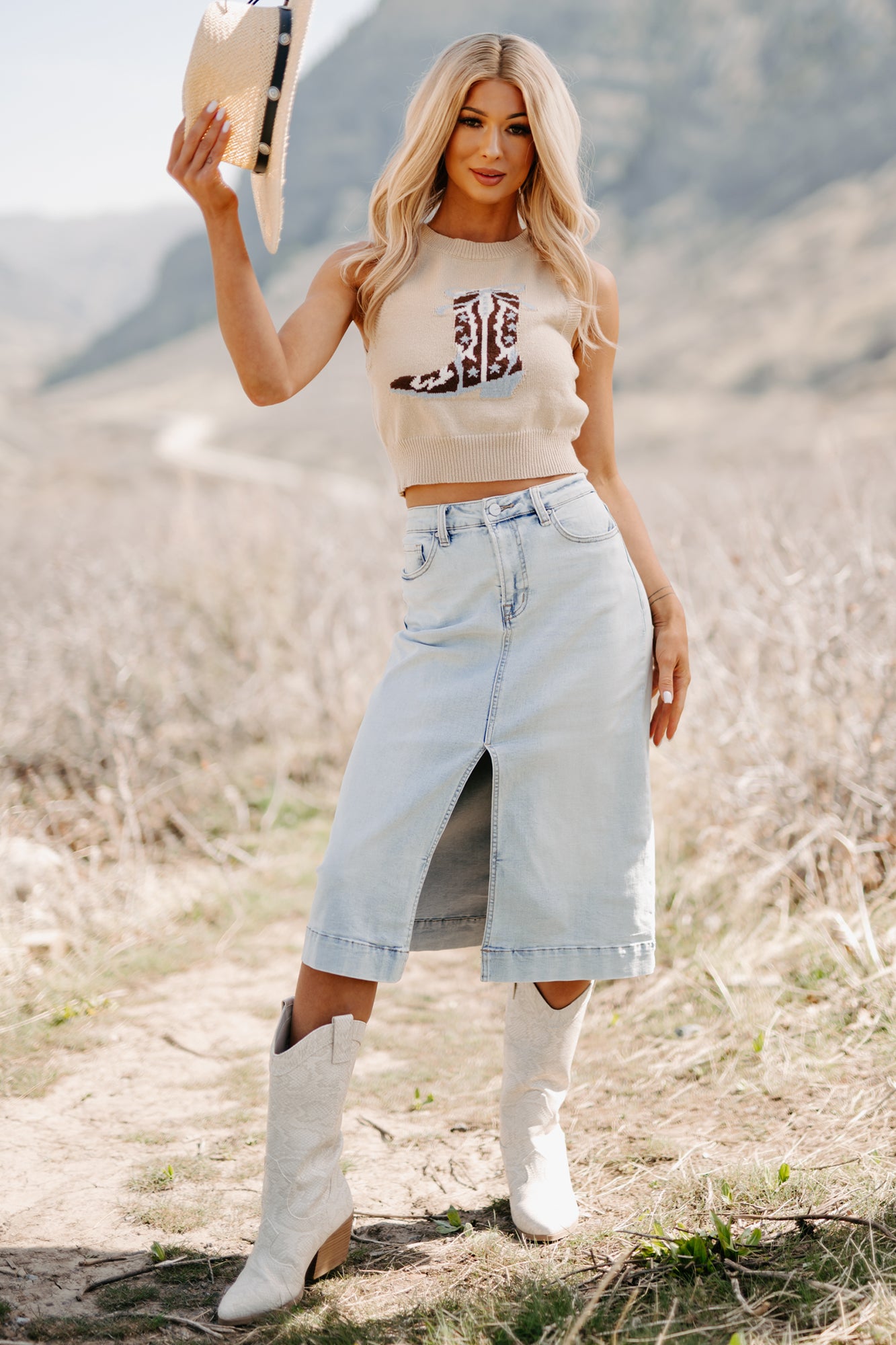 Rustic Romantic Cowboy Boot Sweater Tank (Beige)